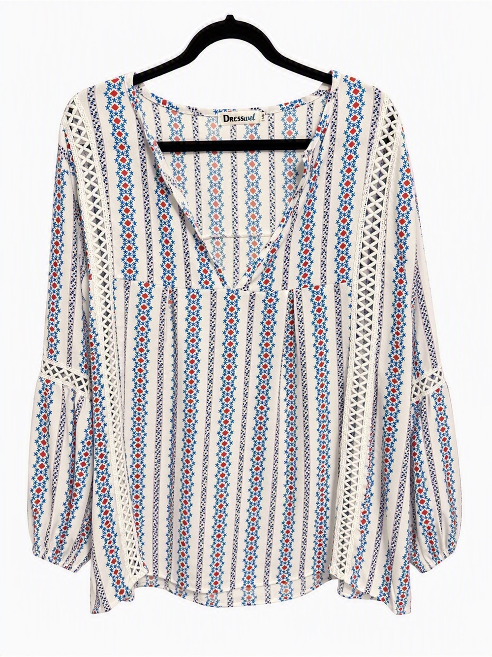 White Boho Stripe V-Neck Peasant Top - Blue & Red
